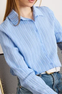 Olalook Women's Blue Striped Loose Woven Shirt - Image 5