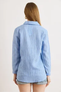 Olalook Women's Blue Striped Loose Woven Shirt - Image 6