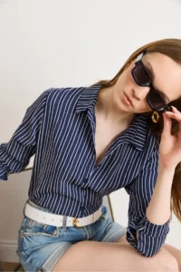 Olalook Women's Navy Blue Striped Loose Woven Shirt