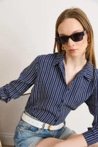 Olalook Women's Navy Blue Striped Loose Woven Shirt - Image 2
