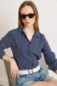Olalook Women's Navy Blue Striped Loose Woven Shirt - Image 3