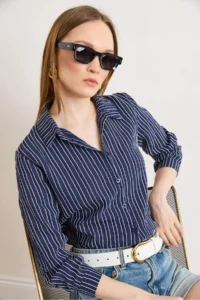 Olalook Women's Navy Blue Striped Loose Woven Shirt - Image 4