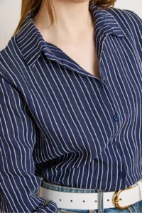 Olalook Women's Navy Blue Striped Loose Woven Shirt - Image 5