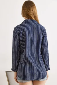 Olalook Women's Navy Blue Striped Loose Woven Shirt - Image 6