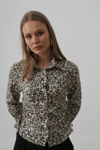 TRENDYOLMİLLA Brown Leopard Patterned Soft textured Long Sleeve Shirt - Image 3
