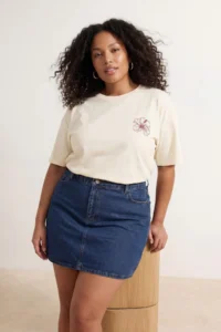 Trendyol Curve Ecru 100% Cotton Oversized/Wide Pattern Front Back Printed Knitting Plus Size T-Shirt