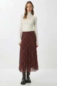 Lovelyİstanbul Patterned Pleated Midi Chiffon Skirt  BROWN KHAKI - Image 2