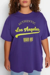 Trendyol Curve Purple Wide Pattern Crew Neck Printed 100% Cotton Knitting T-Shirt - Image 3