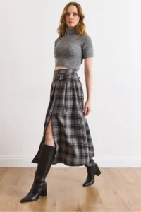 Olalook Women's Anthracite Plaid Pleated Double Buckle Slit Skirt