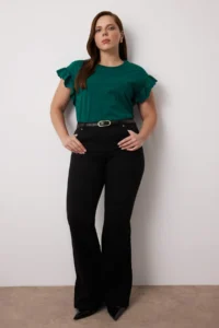 Trendyol Curve Emerald Green Crew Neck Sleeves Frilly 100% Cotton Knitting T-Shirt - Image 2
