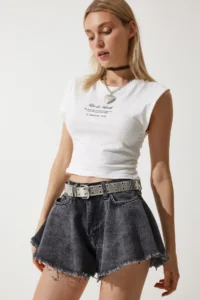 Happiness İstanbul Women Anthracite Tasseled Mini Denim Shorts