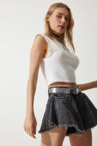 Happiness İstanbul Women Anthracite Tasseled Mini Denim Shorts - Image 2