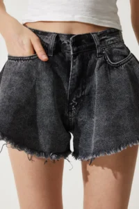Happiness İstanbul Women Anthracite Tasseled Mini Denim Shorts - Image 4