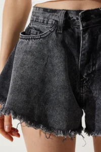 Happiness İstanbul Women Anthracite Tasseled Mini Denim Shorts - Image 5