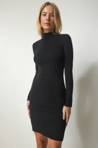 Happiness İstanbul Women's Black Turtleneck Shawl Saran Ribbed Knitted Dress