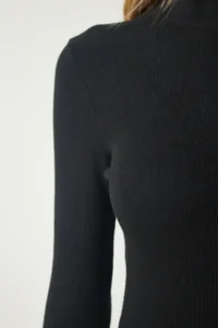 Happiness İstanbul Women's Black Turtleneck Shawl Saran Ribbed Knitted Dress - Image 3
