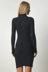 Happiness İstanbul Women's Black Turtleneck Shawl Saran Ribbed Knitted Dress - Image 4