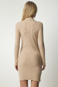 Happiness İstanbul Women's Camel Turtleneck Shawl Saran Ribbed Knitted Dress - Image 5