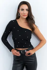 Cool & Sexy Women Black Stoned Single Arm Crop Blouse