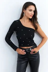 Cool & Sexy Women Black Stoned Single Arm Crop Blouse - Image 2