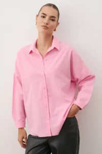 TRENDYOLMİLLA Pink Cotton Oversized Wide Pattern Weaving Shirt - Image 2