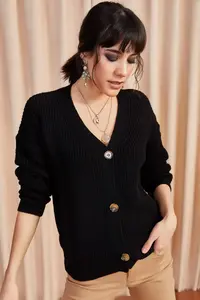 Olalook Women Black buttoned Cardigan - Image 2