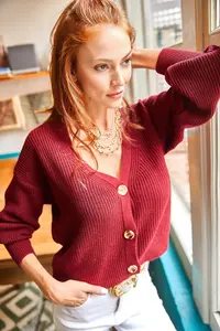 Olalook Women Burgundy buttoned Cardigan - Image 3