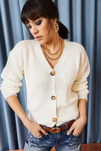 Olalook Women Ecru buttoned Cardigan