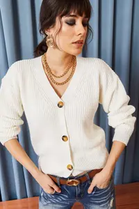 Olalook Women Ecru buttoned Cardigan - Image 2