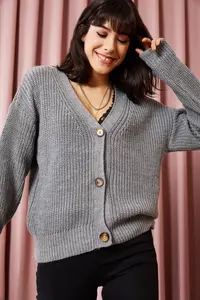 Olalook Women Gray buttoned Cardigan