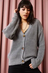 Olalook Women Gray buttoned Cardigan - Image 2