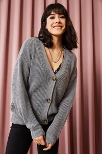 Olalook Women Gray buttoned Cardigan - Image 3