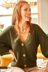 Olalook Women Khaki buttoned Cardigan