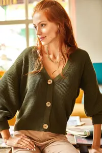 Olalook Women Khaki buttoned Cardigan - Image 2