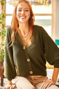 Olalook Women Khaki buttoned Cardigan - Image 5