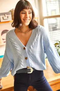 Olalook Women's Baby Blue Thick Hair Braided Knitwear Cardigan - Image 2