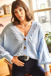 Olalook Women's Baby Blue Thick Hair Braided Knitwear Cardigan - Image 3