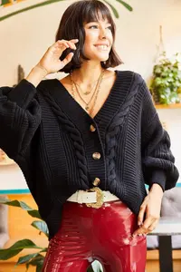 Olalook Women's Black Thick Hair Braided Knitwear Cardigan