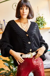 Olalook Women's Black Thick Hair Braided Knitwear Cardigan - Image 2