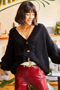 Olalook Women's Black Thick Hair Braided Knitwear Cardigan - Image 3