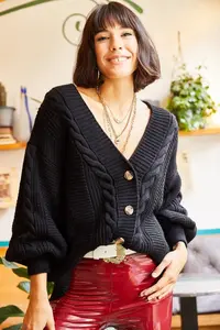 Olalook Women's Black Thick Hair Braided Knitwear Cardigan - Image 4