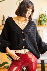 Olalook Women's Black Thick Hair Braided Knitwear Cardigan - Image 6