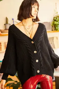 Olalook Women's Black Thick Hair Braided Knitwear Cardigan - Image 7