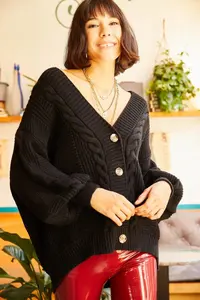 Olalook Women's Black Thick Hair Braided Knitwear Cardigan - Image 8