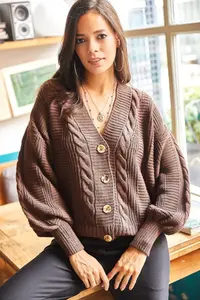 Olalook Women's Brown Thick Hair Braided Knitwear Cardigan - Image 2