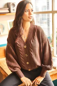 Olalook Women's Brown Thick Hair Braided Knitwear Cardigan - Image 3