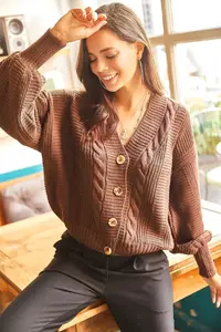 Olalook Women's Brown Thick Hair Braided Knitwear Cardigan - Image 4