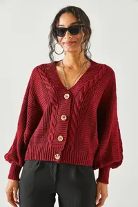 Olalook Women's Burgundy Thick Hair Braided Knitwear Cardigan - Image 2