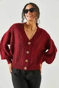 Olalook Women's Burgundy Thick Hair Braided Knitwear Cardigan - Image 3