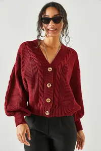 Olalook Women's Burgundy Thick Hair Braided Knitwear Cardigan - Image 4